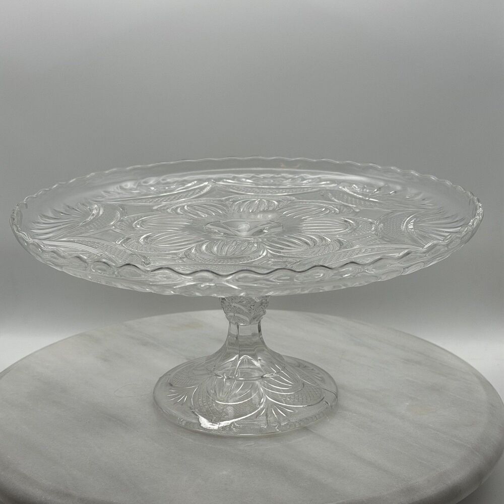 EAPG Bryce Higbee New Crescent Clear Glass Cake Stand Vintage in Great Condition